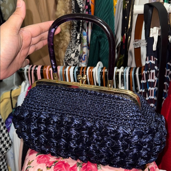 Elegant Navy Blue Woven Handbag - Picture 1 of 9